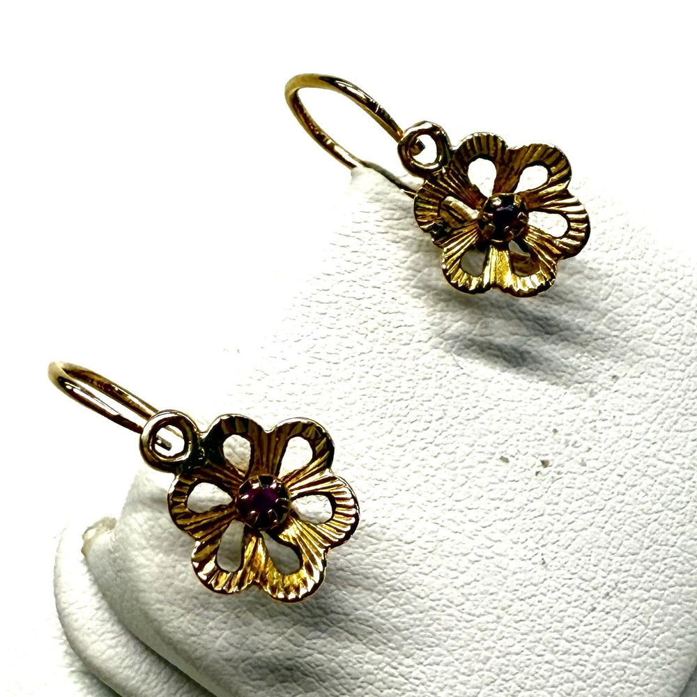 Boucles d'Oreille Fleur Or Jaune avec Pierres Roses