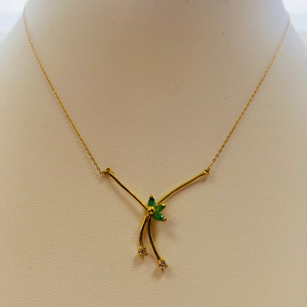 Collier Ras du Cou en Or Jaune 18 K avec Émeraudes et Zirconiums - 2.35 Grs