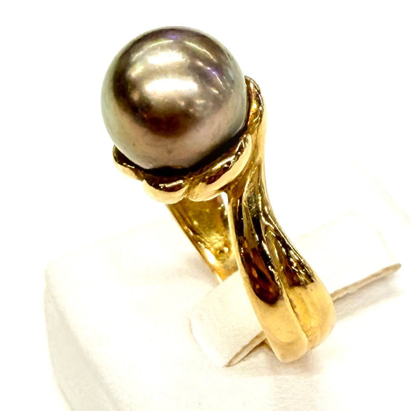 Bague Perle de Tahiti en Or Jaune 18 Carats Taille 55,5