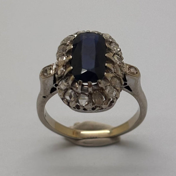 Bague Ancienne en Or Gris 18 Carats avec Diamants et Saphir – Taille 57