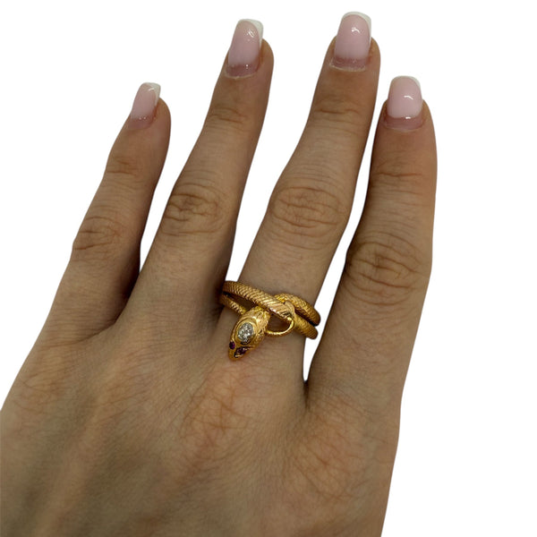 Bague Serpent en Or Jaune Diamants Rubis 18 Carats - T 61