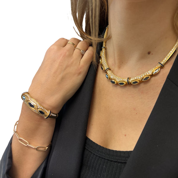 Bracelet Or Jaune avec Saphirs et Diamants 18K 19CM