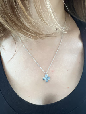 Collier Or Blanc 18K Chaine + Pendentif Croix Topaze 44cm
