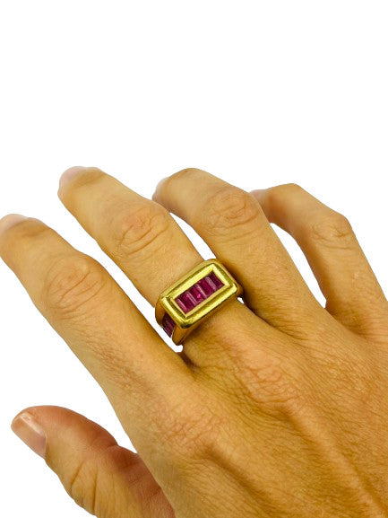 Bague Chevalière ligne de Tourmaline Or Jaune 18K tête d'aigle T54