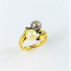 Bague Toi et Moi Or Jaune avec Perles de Culture et Saphir