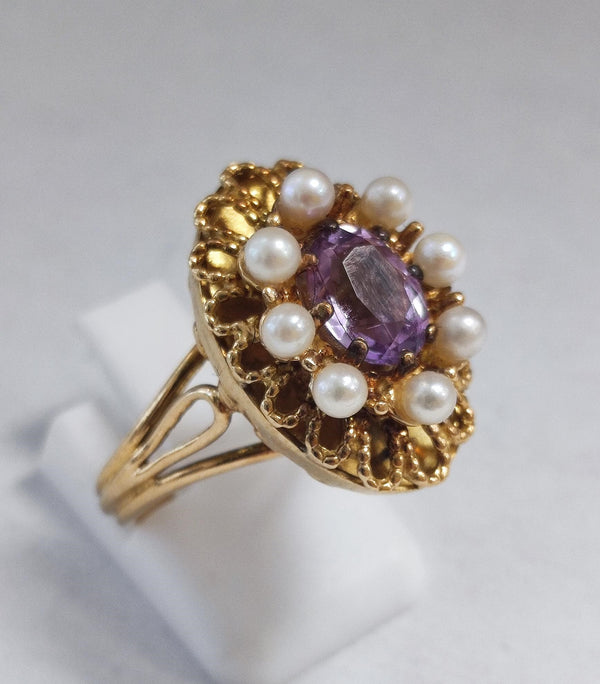 Bague Or avec Pierre  Violette et Perles