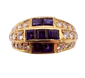 Bague Or Jaune 18K 26 Diamants + 7 Pierres Bleues