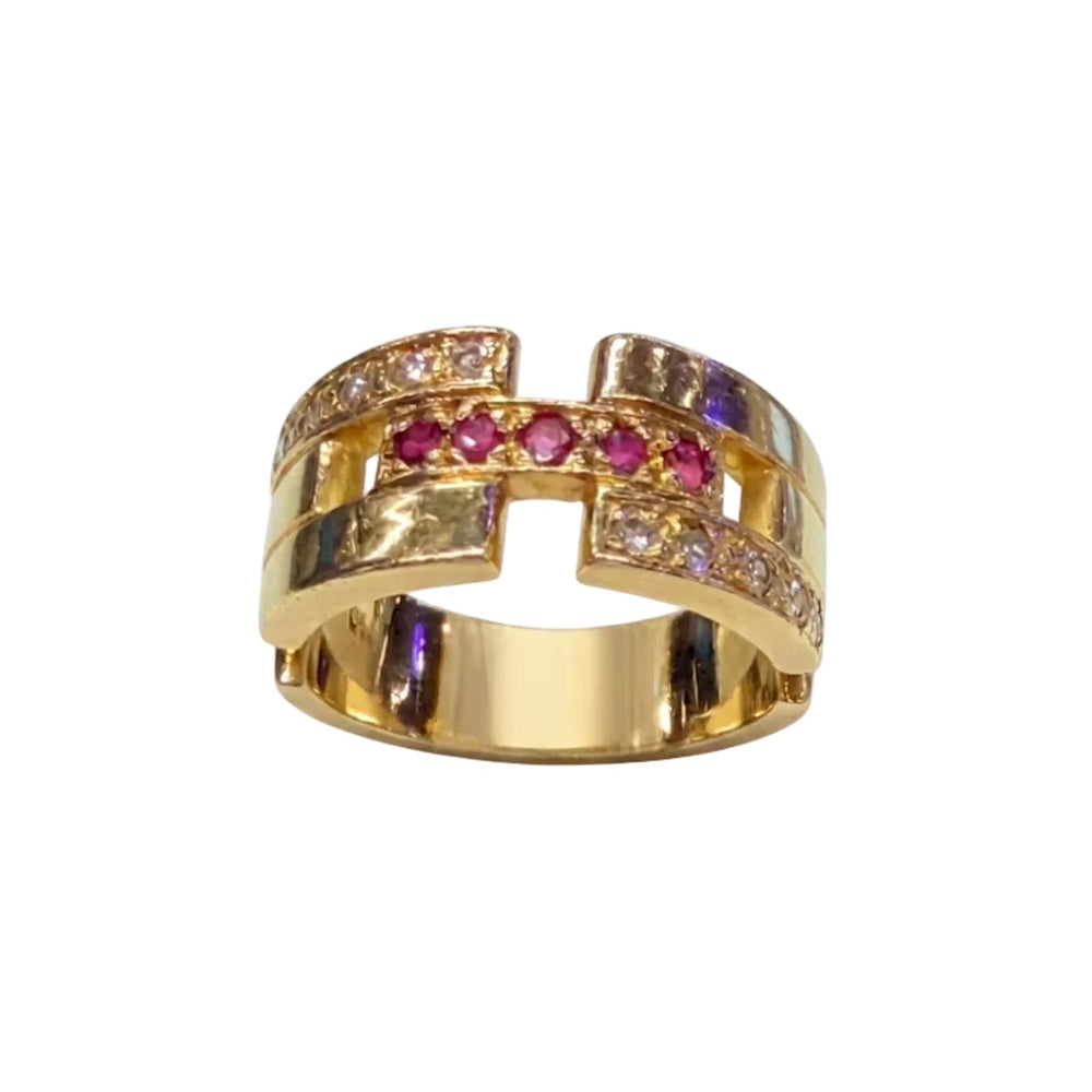 Bagues Tank en Or Jaune 18k avec Diamants et Rubis Taille 50