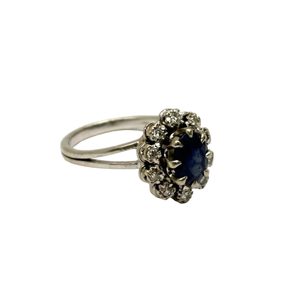 Bague Marguerite en Or Gris 18K avec Diamants et Saphir - Taille 52