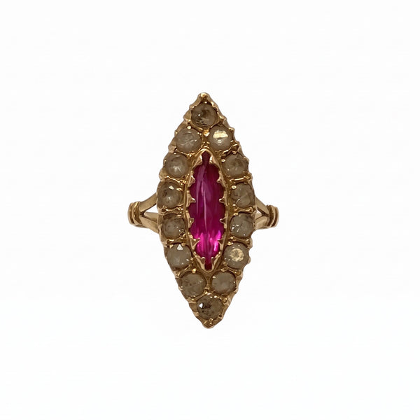 Bague Marquise en Or Jaune 18k avec Rubis Taille 55