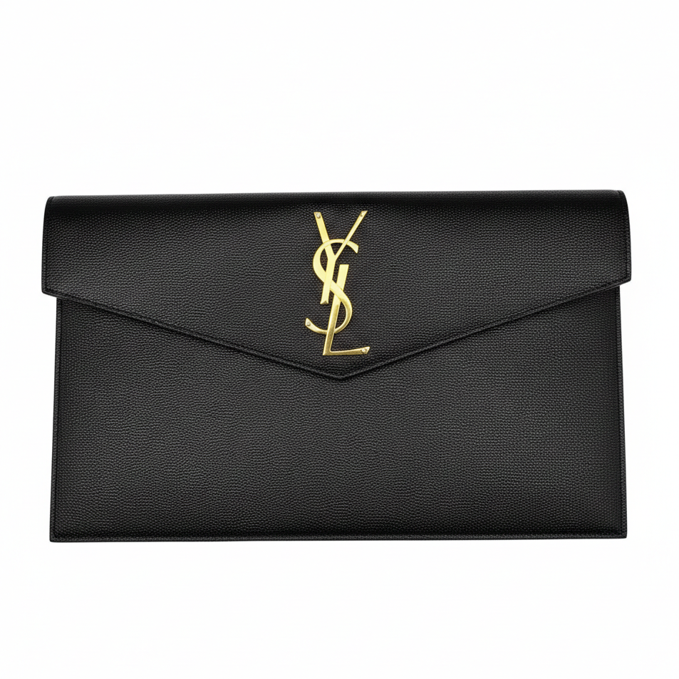 Pochette Saint Laurent Uptown en cuir noir grain de poudre