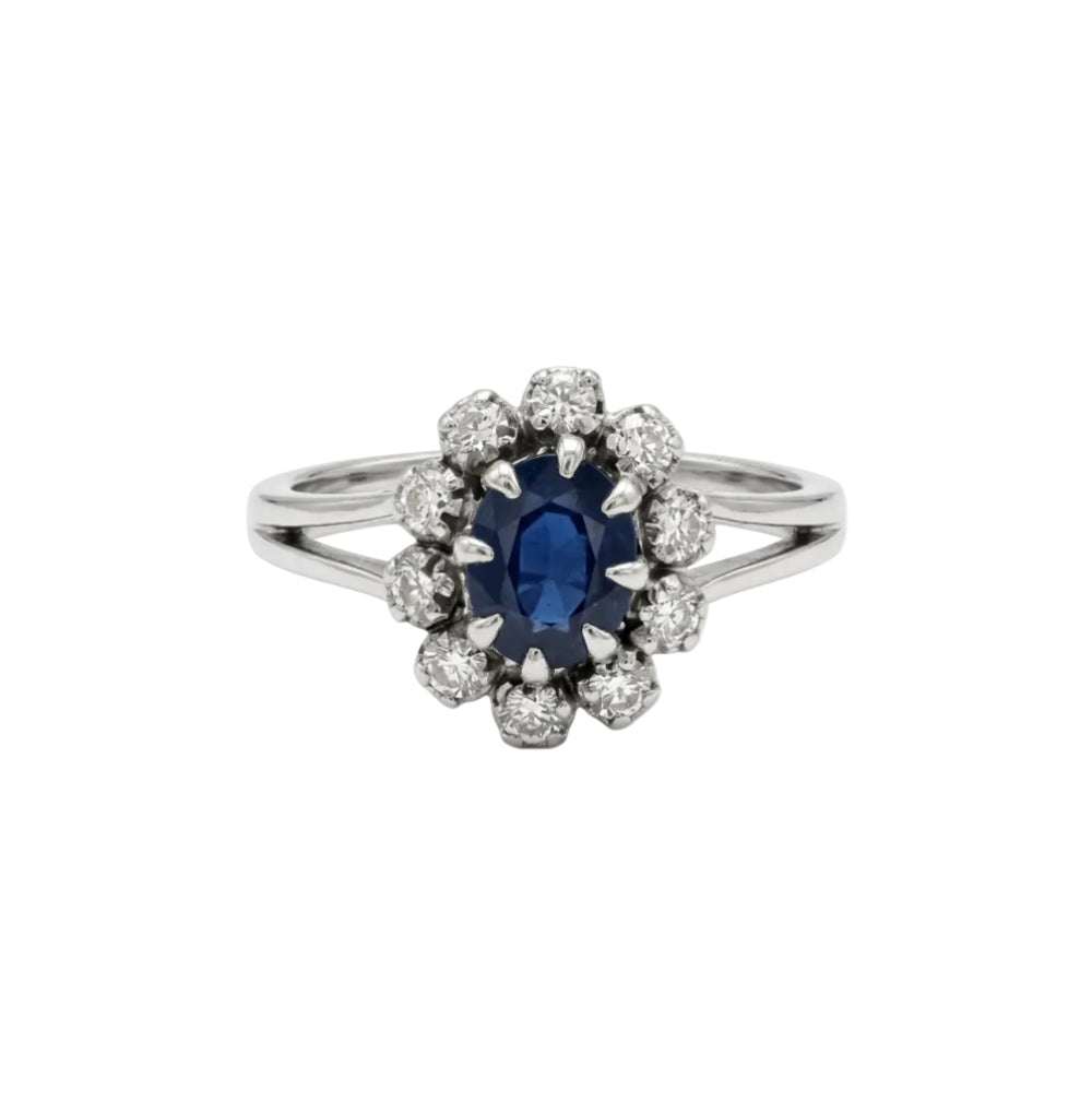 Bague Marguerite en Or Gris 18K avec Diamants et Saphir - Taille 52