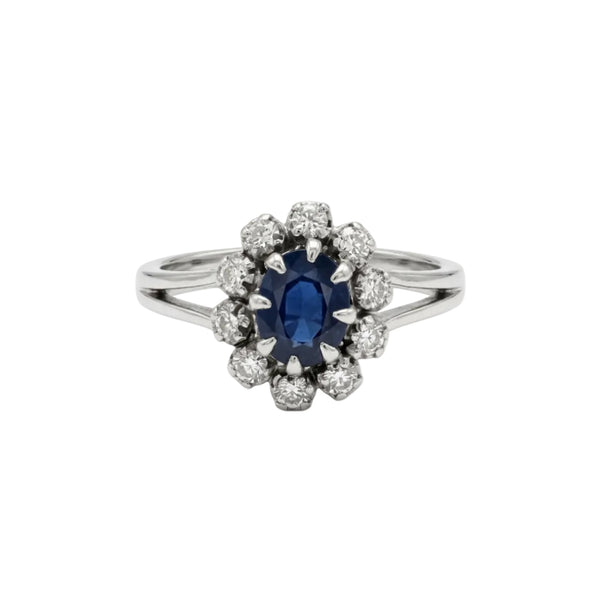 Bague Marguerite en Or Gris 18K avec Diamants et Saphir - Taille 52