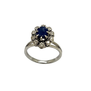 Bague Marguerite en Or Gris 18K avec Diamants et Saphir - Taille 52