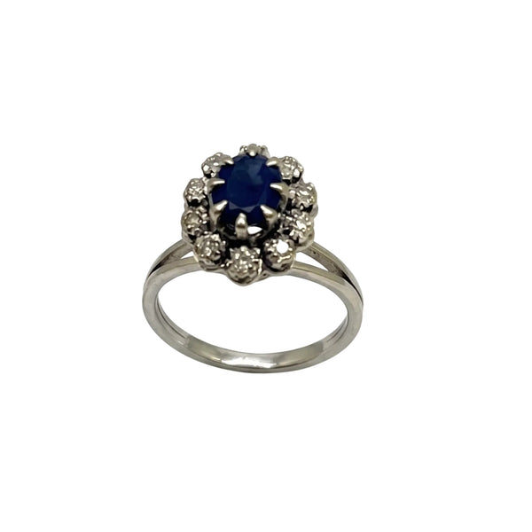 Bague Marguerite en Or Gris 18K avec Diamants et Saphir - Taille 52
