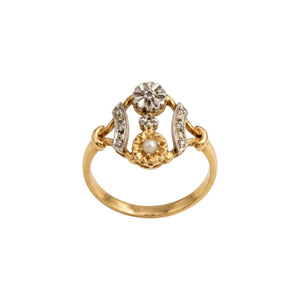 Bague Ancienne en Or Jaune et Blanc avec Perles et Moissanite - Taille 54