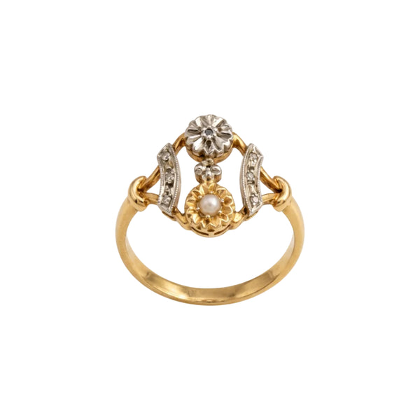 Bague Ancienne en Or Jaune et Blanc avec Perles et Moissanite - Taille 54