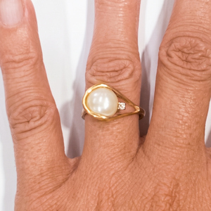 Bague Solitaire Or Jaune avec Perle et Oxyde de Zirconium 18K