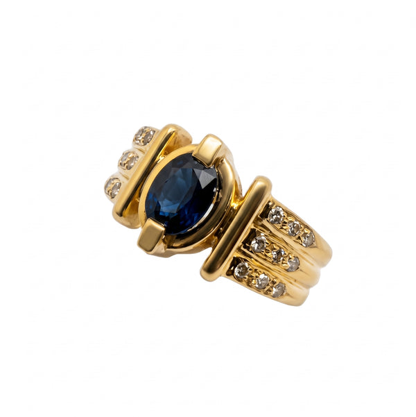 Bague en Or Jaune avec Saphir et Diamants 18k Taille 51