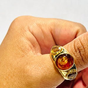 Bague avec Citrine et Ambre en Or Jaune 18 Carats - Taille 57
