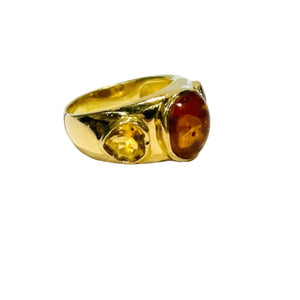 Bague avec Citrine et Ambre en Or Jaune 18 Carats - Taille 57
