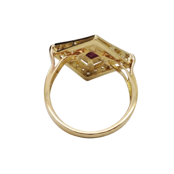 Bague Ancienne en Or Jaune 18K avec Rubis et Zirconium - Taille 60