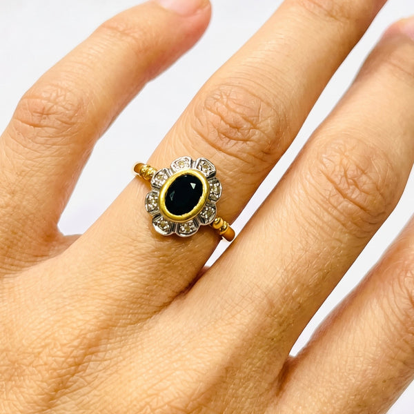 Bague Marguerite en Or Jaune & Blanc avec Diamants & Saphir 18K Taille : 58
