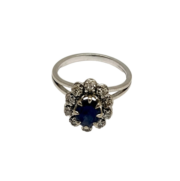 Bague Marguerite en Or Gris 18K avec Diamants et Saphir - Taille 52
