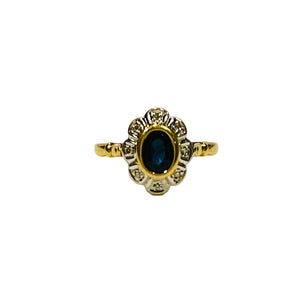 Bague Marguerite en Or Jaune & Blanc avec Diamants & Saphir 18K Taille : 58