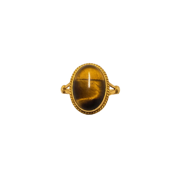 Bague Artisanale Or Jaune avec Œil du Tigre Bijou 18 K Taille 50