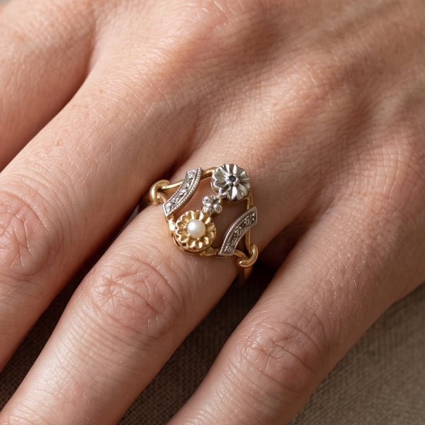 Bague Ancienne en Or Jaune et Blanc avec Perles et Moissanite - Taille 54