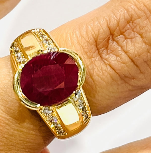 Bague en Or Jaune 18k avec Diamants et Rubis - Taille : 54