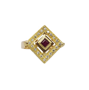 Bague Ancienne en Or Jaune 18K avec Rubis et Zirconium - Taille 60