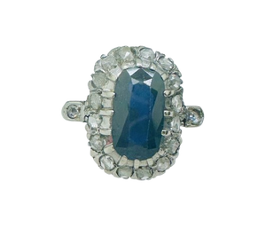 Bague ancienne en Or Blanc avec Diamants et saphir