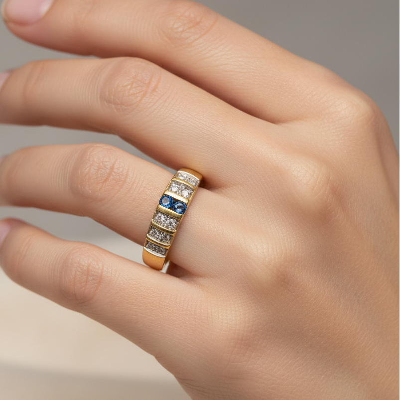 Demi Tour Or Jaune avec Diamants et Aigue Marine 18k