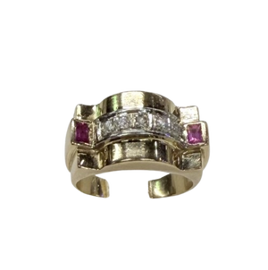 Bague Tank Or Jaune et Blanc Diamants et Rubis