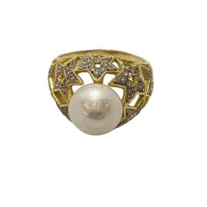 Bague Artisanale en Or Jaune & Or Gris avec Diamants & Perles 18k Taille : 59