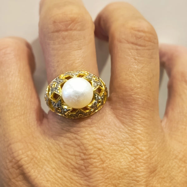 Bague Artisanale en Or Jaune & Or Gris avec Diamants & Perles 18k Taille : 59