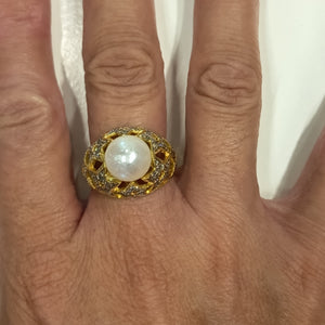 Bague Artisanale en Or Jaune & Or Gris avec Diamants & Perles 18k Taille : 59