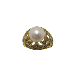 Bague Artisanale en Or Jaune & Or Gris avec Diamants & Perles 18k Taille : 59