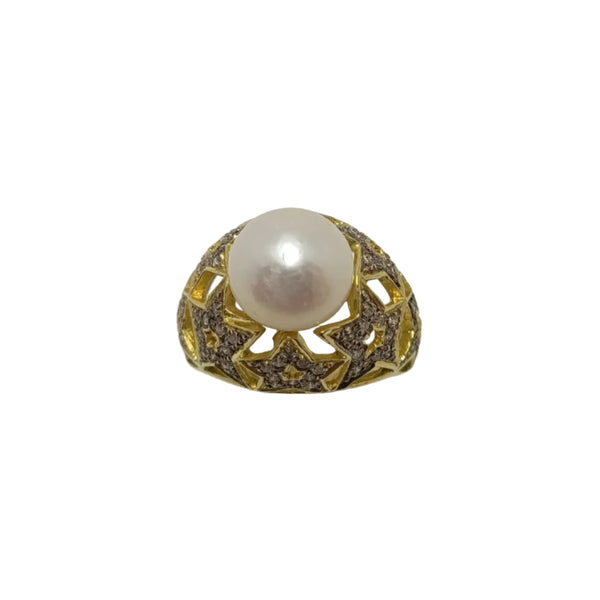 Bague Artisanale en Or Jaune & Or Gris avec Diamants & Perles 18k Taille : 59