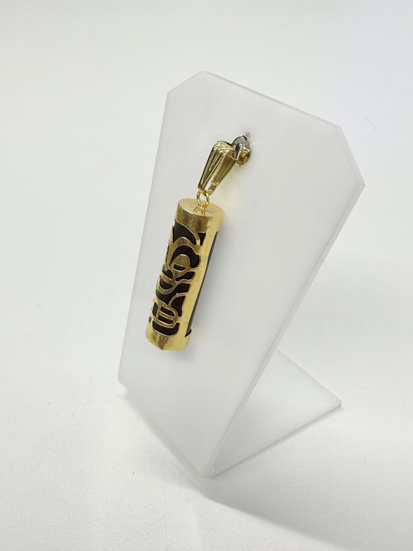 Pendentif Tiki en Or Jaune 18K avec Pierre en Bois
