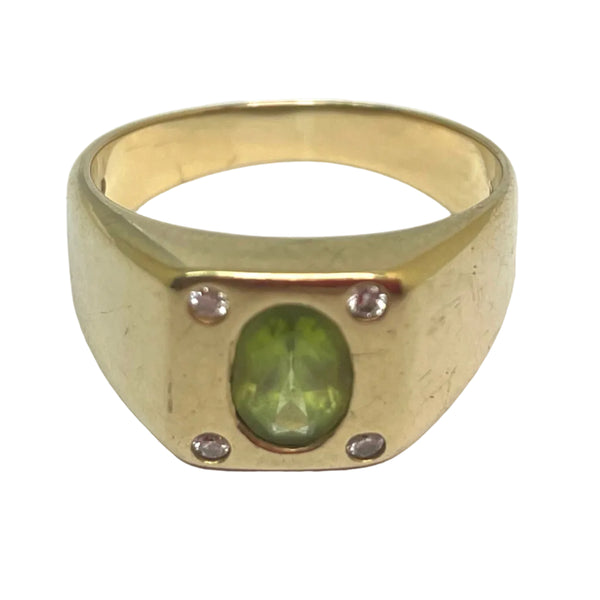 Bague Chevalière Or Jaune 18K avec Diamants et Péridot - T57 - 8gr
