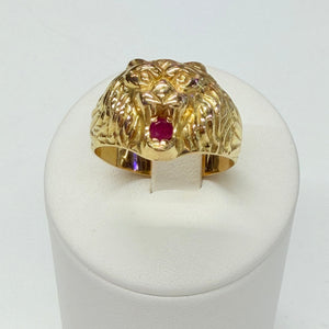 Bague Tête de Lion Or Jaune 18k avec Rubis