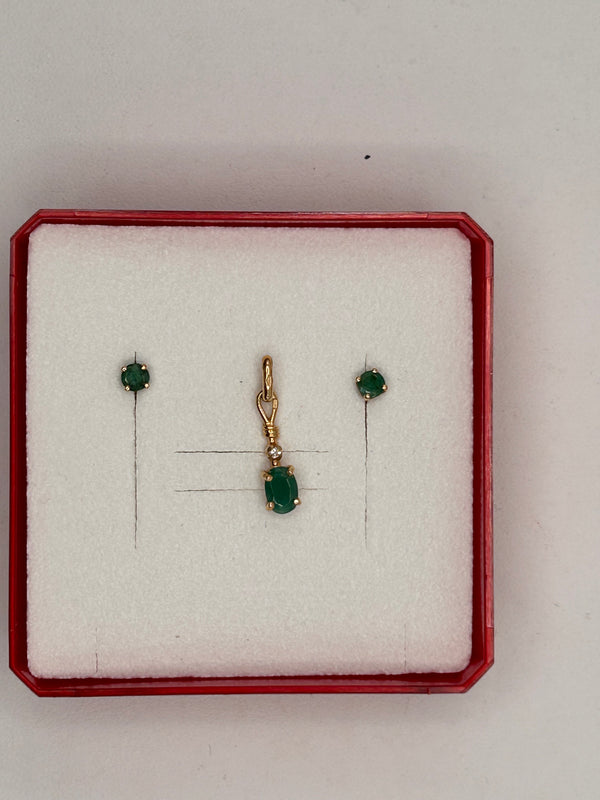Parure Pendentif et Boucles d'Oreilles Or 18K Diamants et Émeraude