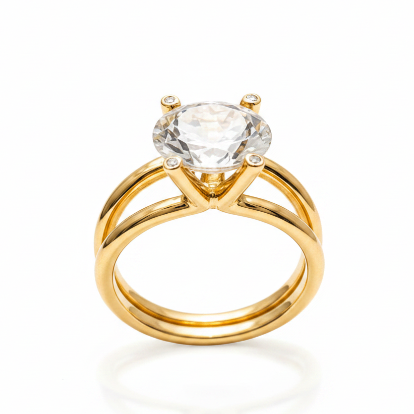 Bague Solitaire Or Jaune 18K - 6.24 G Oxyde Zirconium