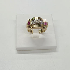 Bague Tank Or Jaune et Blanc Diamants et Rubis