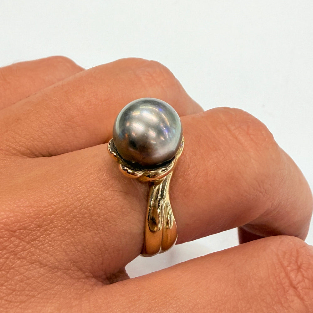 Bague Perle de Tahiti en Or Jaune 18 Carats Taille 55,5