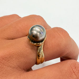Bague Perle de Tahiti en Or Jaune 18 Carats Taille 55,5