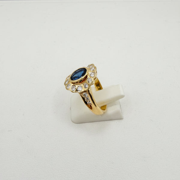 Bague Marguerite en Or Jaune Diamants Saphir 18K - Taille 51.5 - 6.18 G